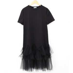 ELLAZHU Women's Short Sleeve Tulle Hem Oversized Black T-Shirt Dress Sz L